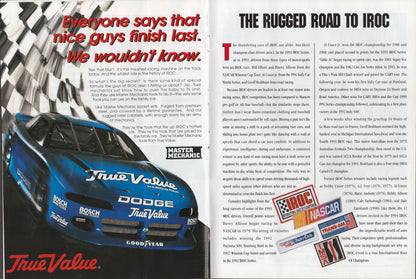 Advertisement for a blue Dodge IROC race car with text and logos on a magazine page.