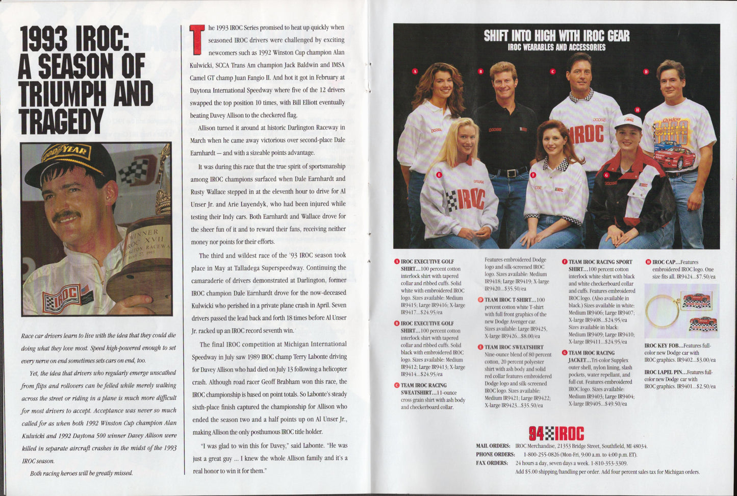 Open magazine page with text and images of a race car driver and team members.