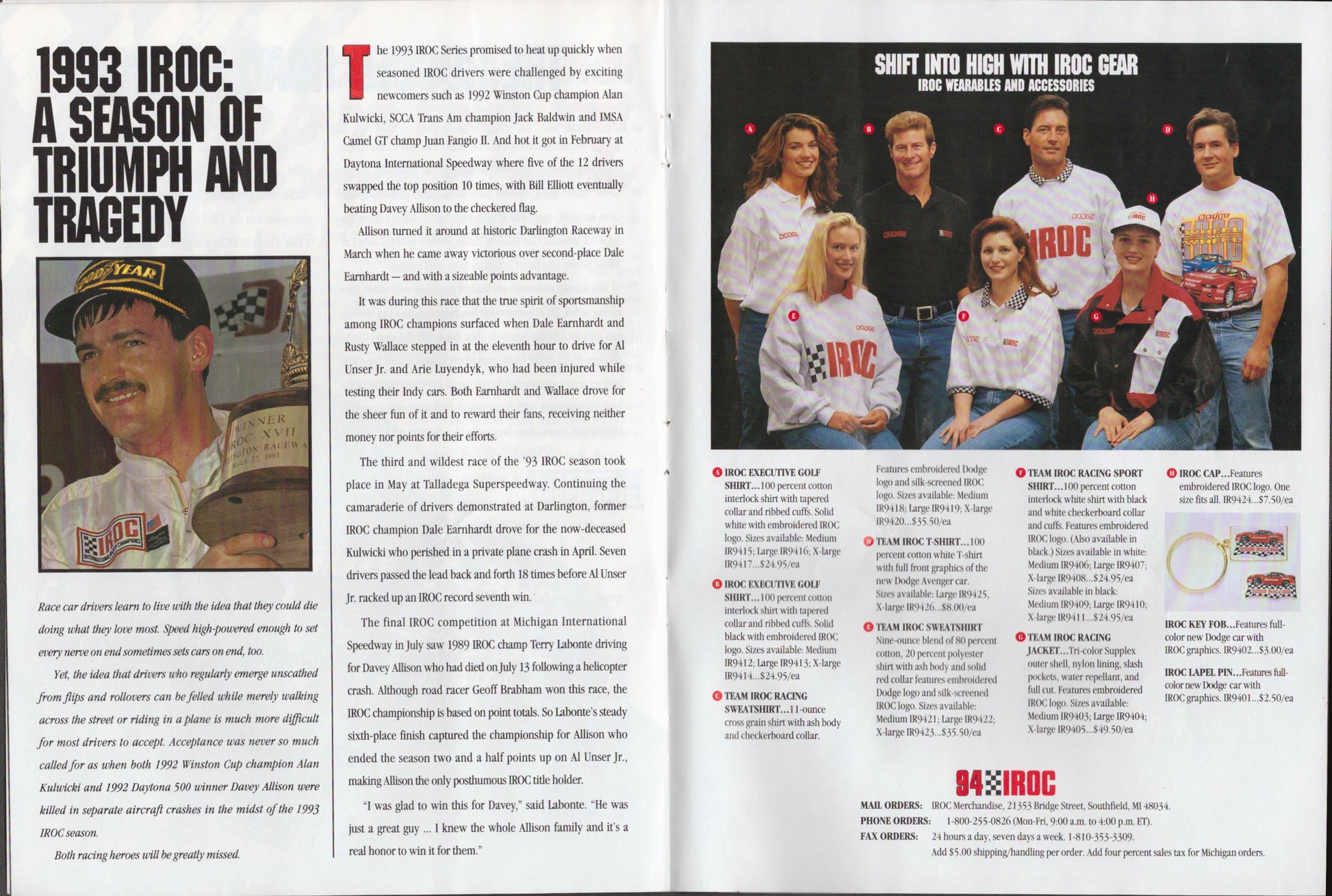 Open magazine page with text and images of a race car driver and team members.