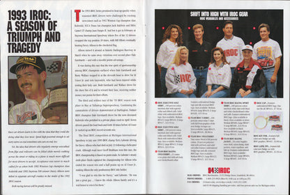 Open magazine page with text and images of a race car driver and team members.