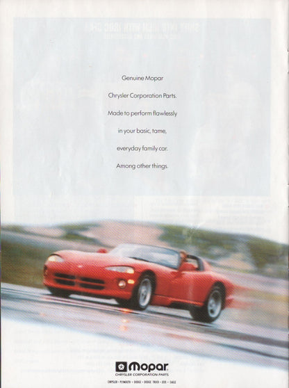 Red sports car on a road with Mopar branding and text about Chrysler Corporation parts.