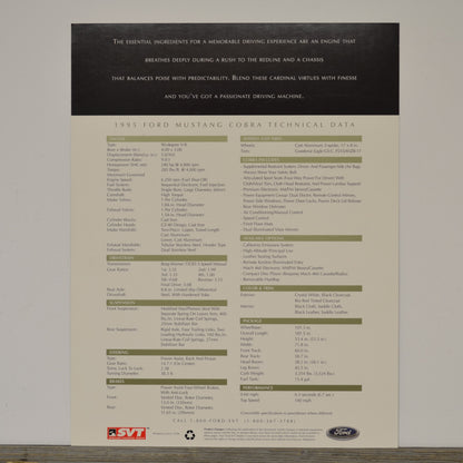 Technical data sheet for a 1995 Ford Mustang Cobra on a gray background