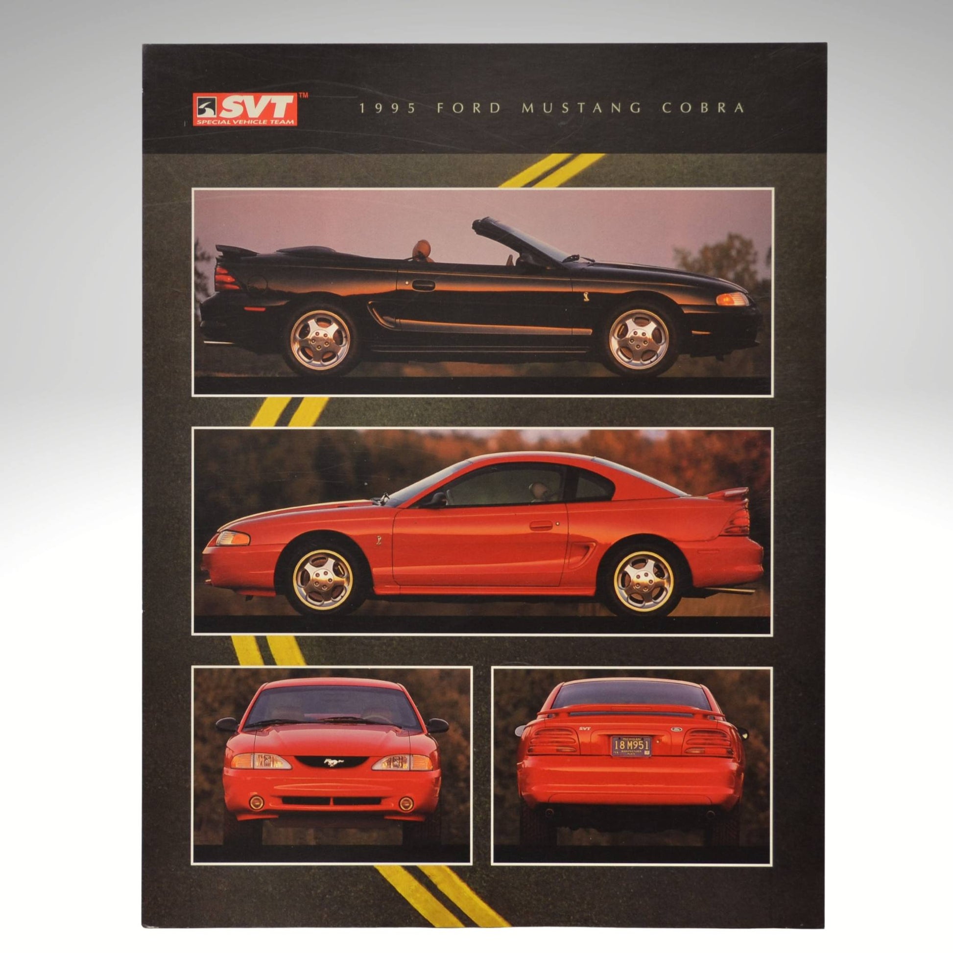 Collage of 1993 Ford Mustang Cobra models with SVT logo on a gray background