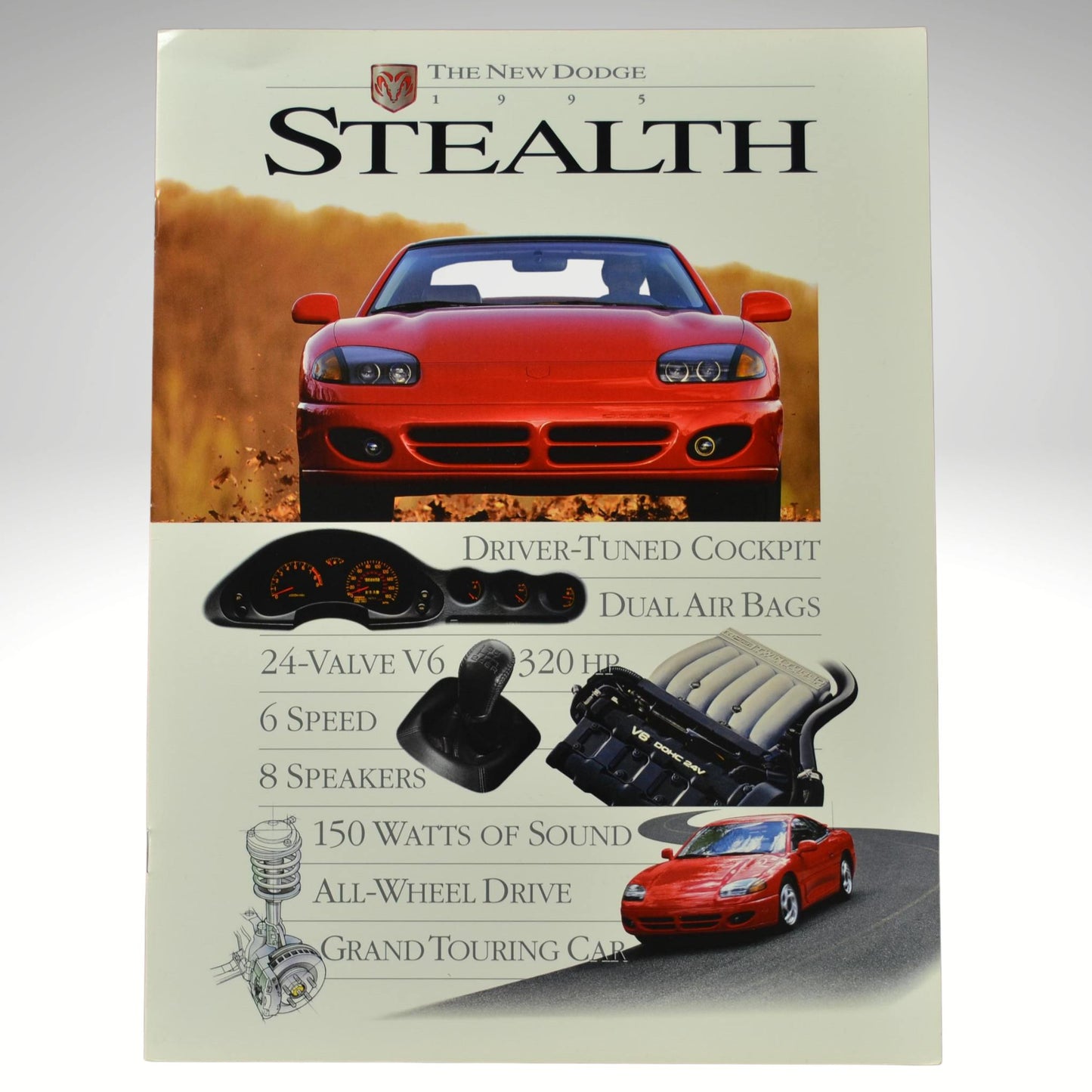 Advertisement for the New Dodge Stealth with car features listed.