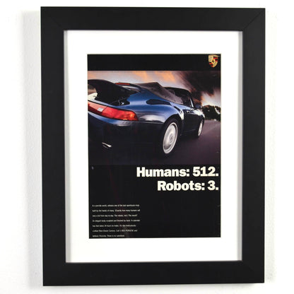 Framed 1995 Porsche 911 Carrera Cabriolet ad – Humans 512 Robots 3 – vintage Porsche print with new frame, mat, and glass
