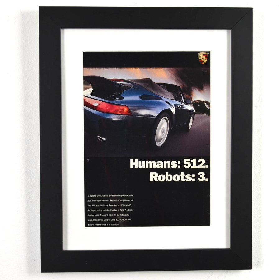 Framed 1995 Porsche 911 Carrera Cabriolet ad – Humans 512 Robots 3 – vintage Porsche print with new frame, mat, and glass
