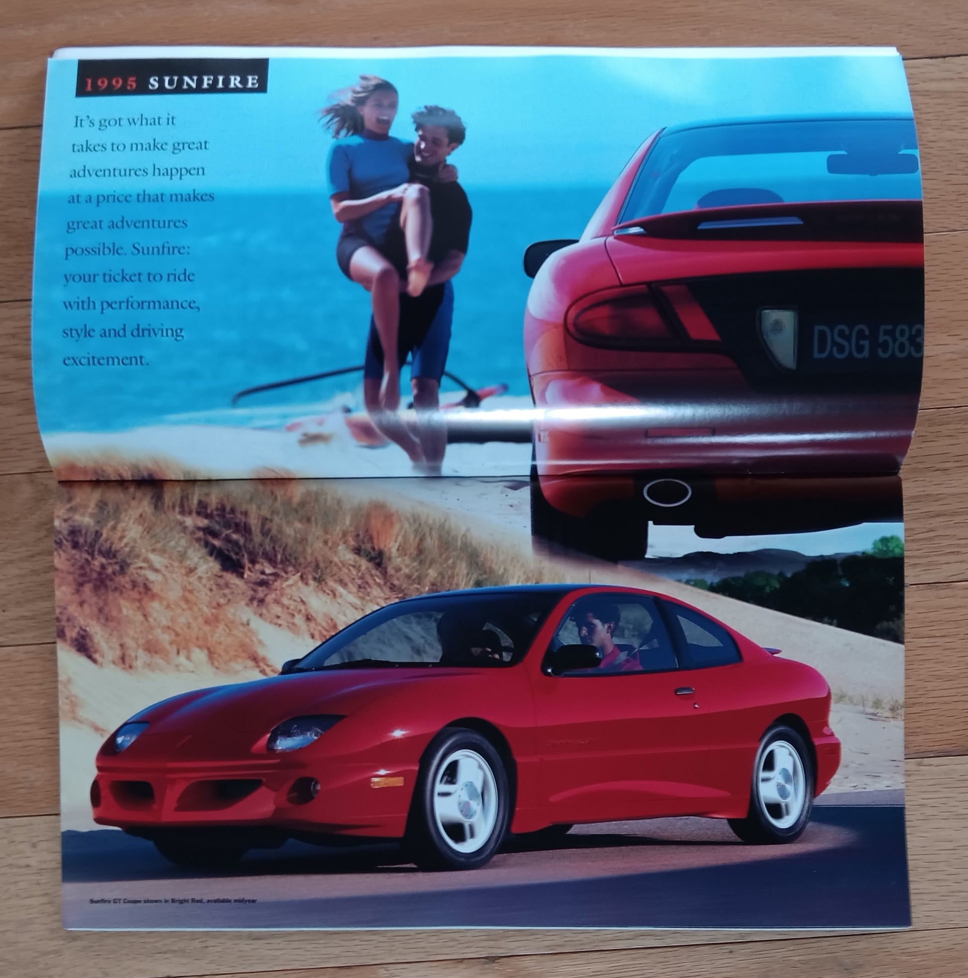 1995 Pontiac Sunfire brochure page red coupe beach scene