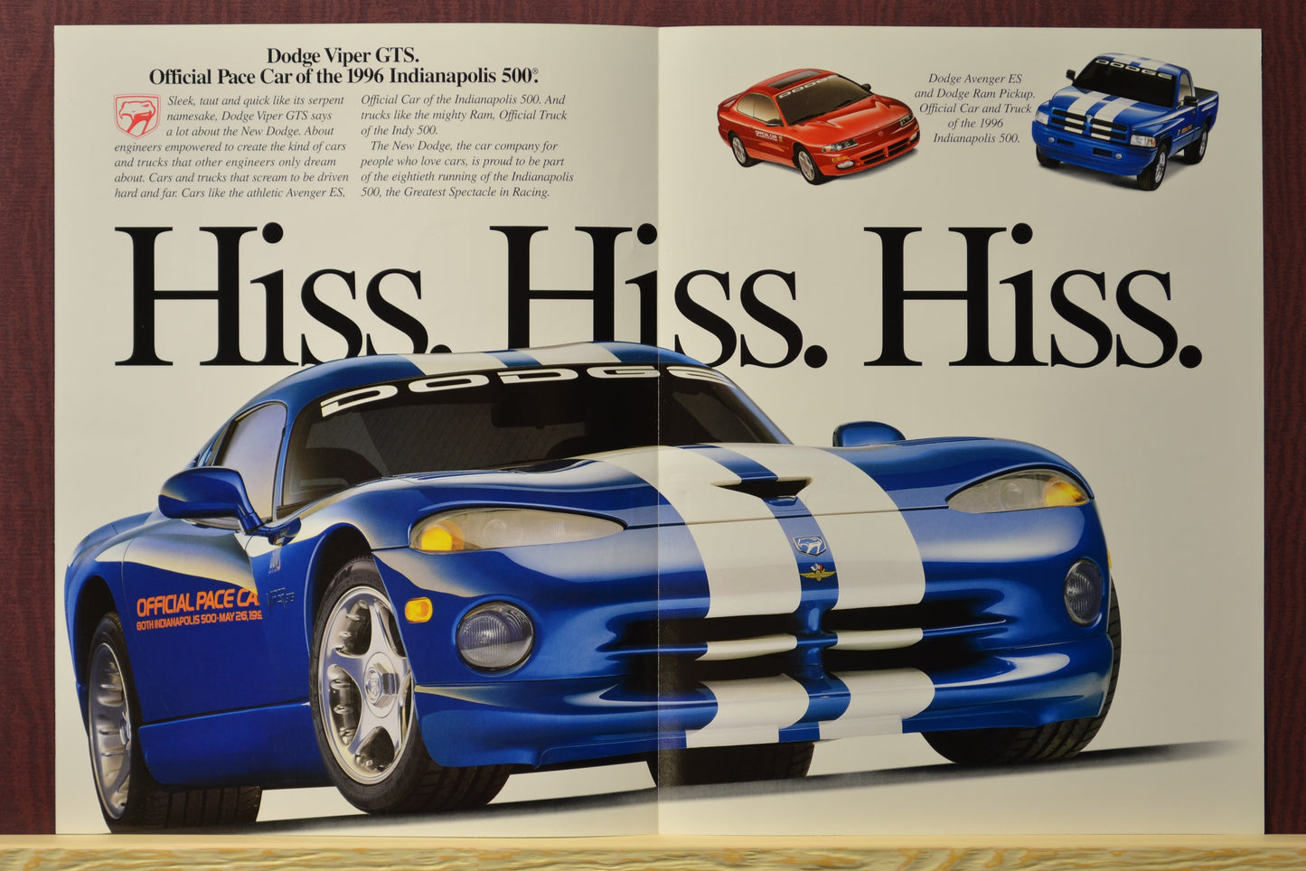 Interior spread of the 1996 Dodge Viper GTS Pace Car brochure showing the Dodge Avenger, Dodge Ram Indy Special, and Dodge Viper GTS.