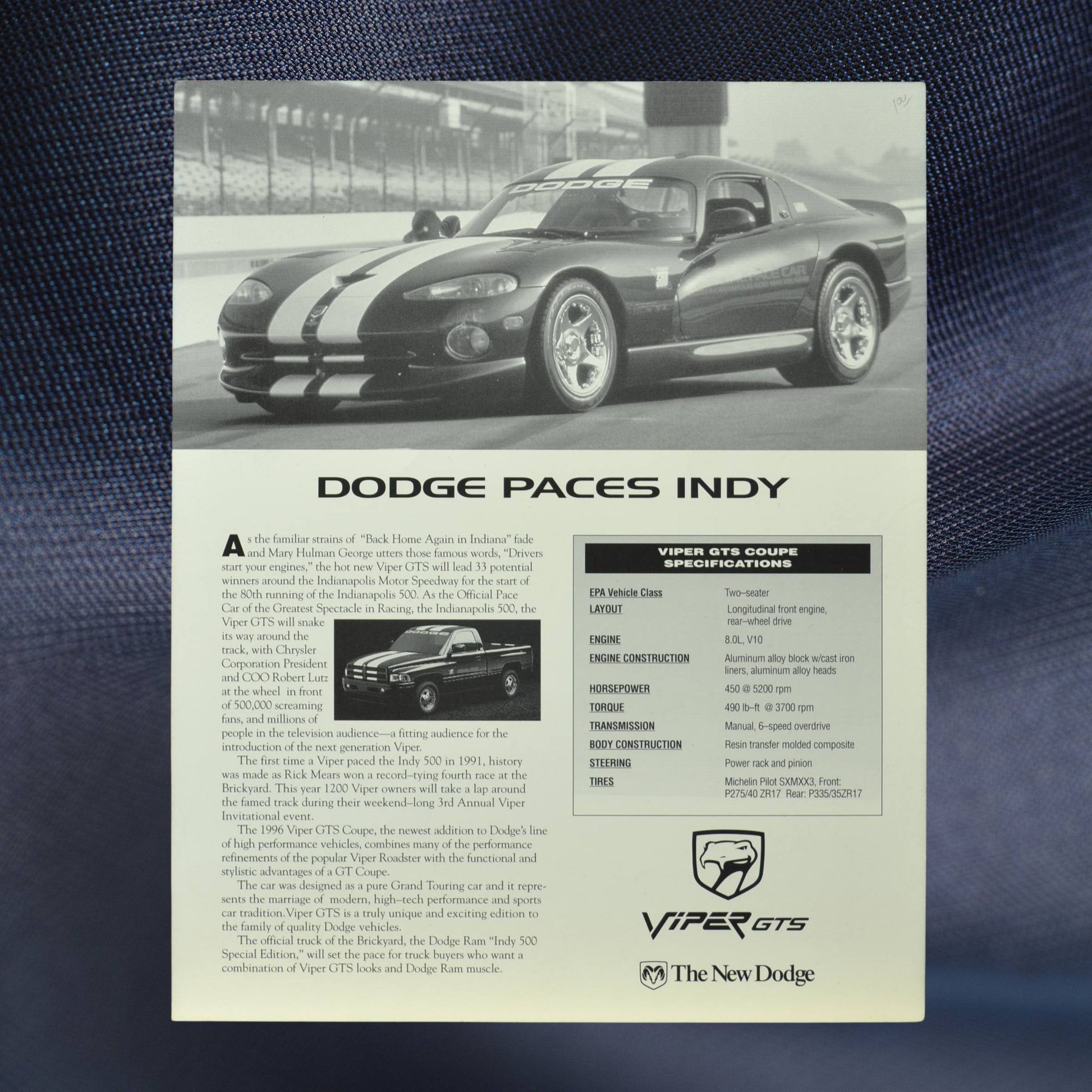 Reverse side of the 1996 Dodge Viper GTS flyer, showcasing the car’s specifications, history as an Indy 500 pace car, and technical details.
