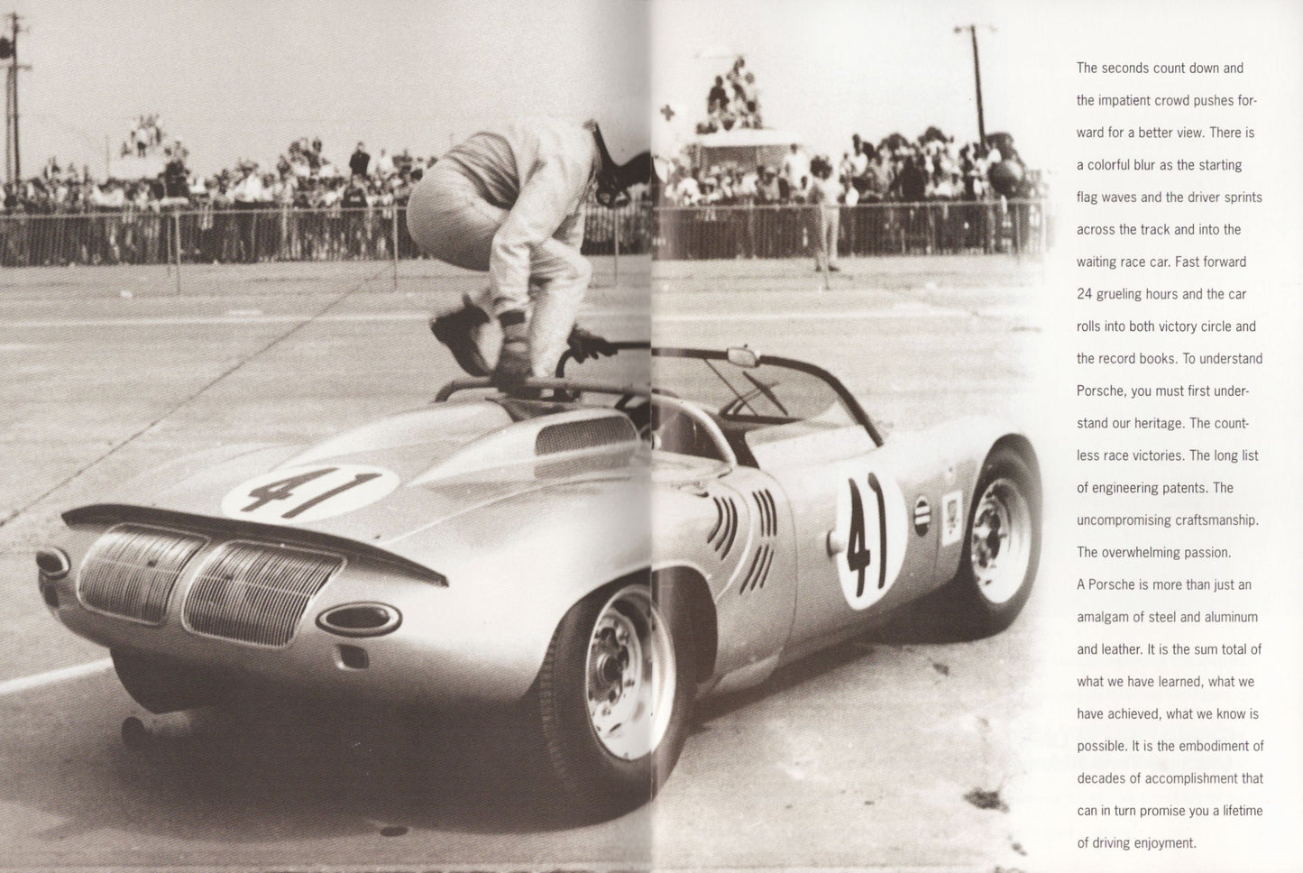 Vintage Porsche race car with number 4 on a track, black and white photo.