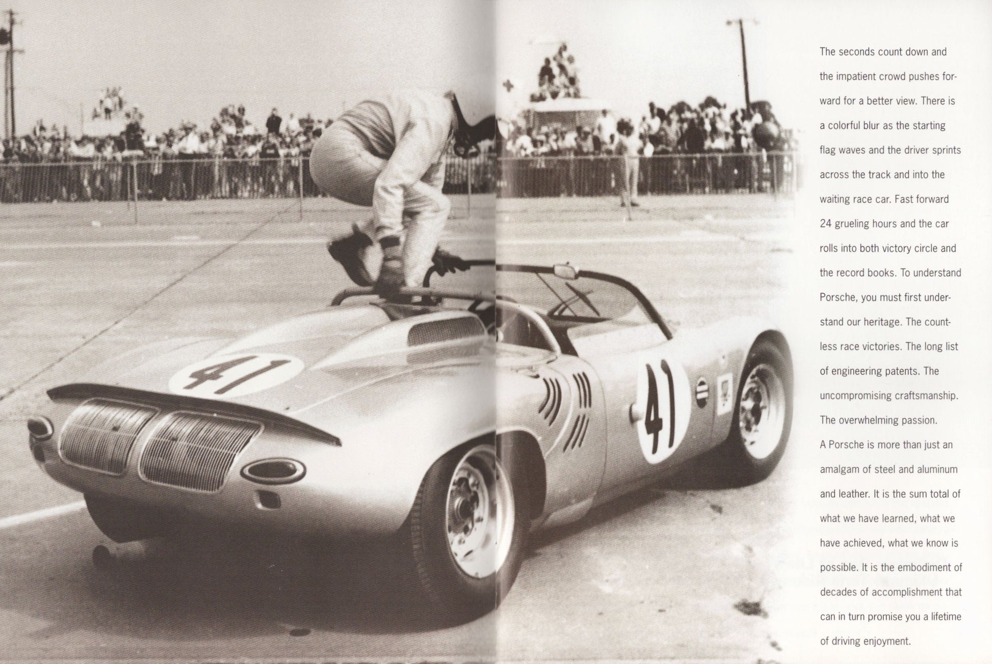 Vintage Porsche race car with number 4 on a track, black and white photo.