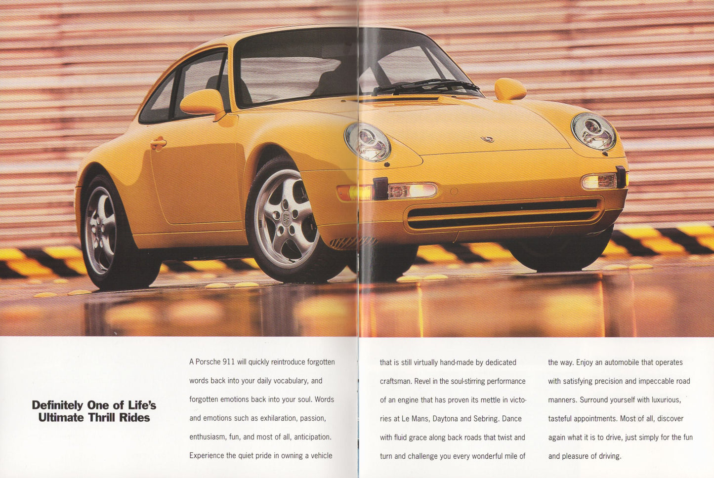 Yellow Porsche 911 car on a reflective surface with a striped background