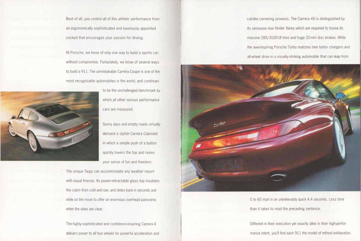 Brochure or magazine page with images of porsche 911 cars on a colorful background