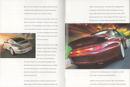 Brochure or magazine page with images of porsche 911 cars on a colorful background