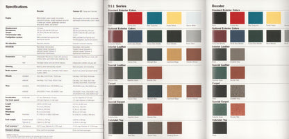 Color swatches and specifications for a vehicle model,  Porsche, with a focus on exterior color options.