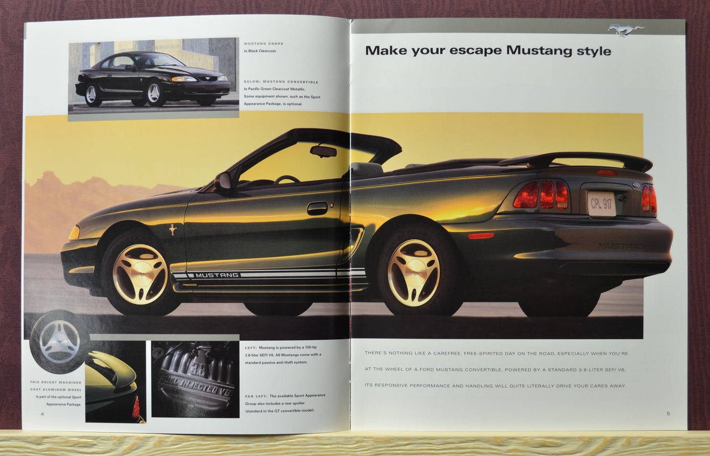 1997 Ford Mustang Dealer Brochure spread with pacific green convertible