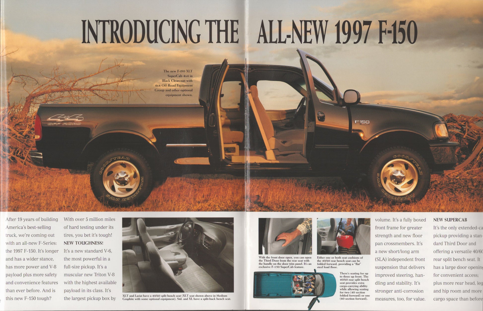 A vintage magazine advertisement page for the Ford F-150, featuring a black pickup truck with its doors open in an outdoor setting. The headline reads 'INTRODUCING THE ALL-NEW 1997 F-150' at the top, with smaller feature images and text below.