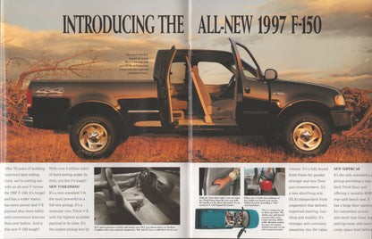 A vintage magazine advertisement page for the Ford F-150, featuring a black pickup truck with its doors open in an outdoor setting. The headline reads 'INTRODUCING THE ALL-NEW 1997 F-150' at the top, with smaller feature images and text below.