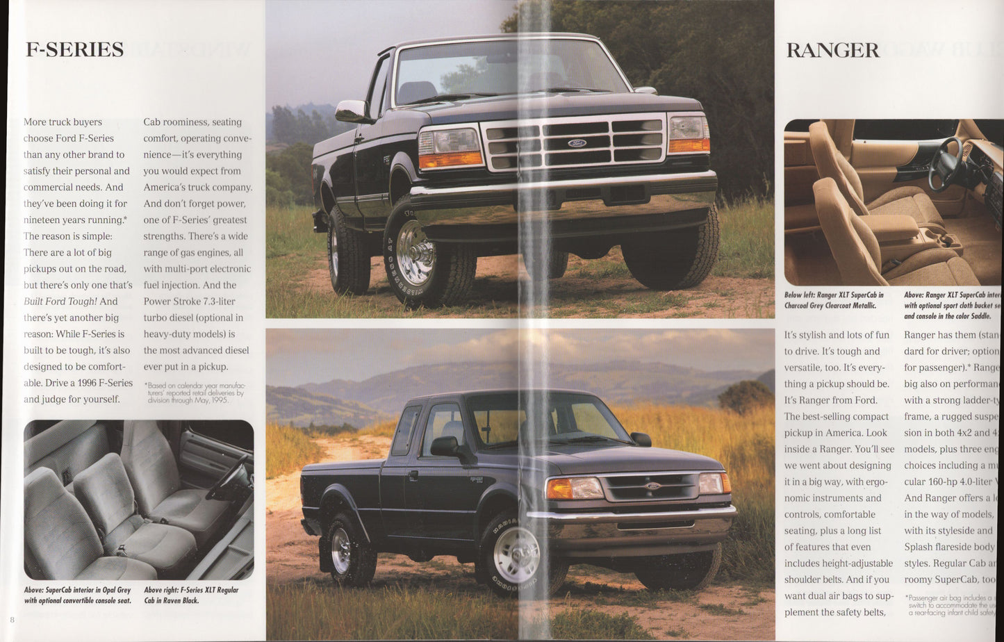 A vintage magazine-style brochure spread featuring a black Ford F-Series Ranger pickup truck in outdoor settings, with text columns, a side-view inset, and interior cabin details.