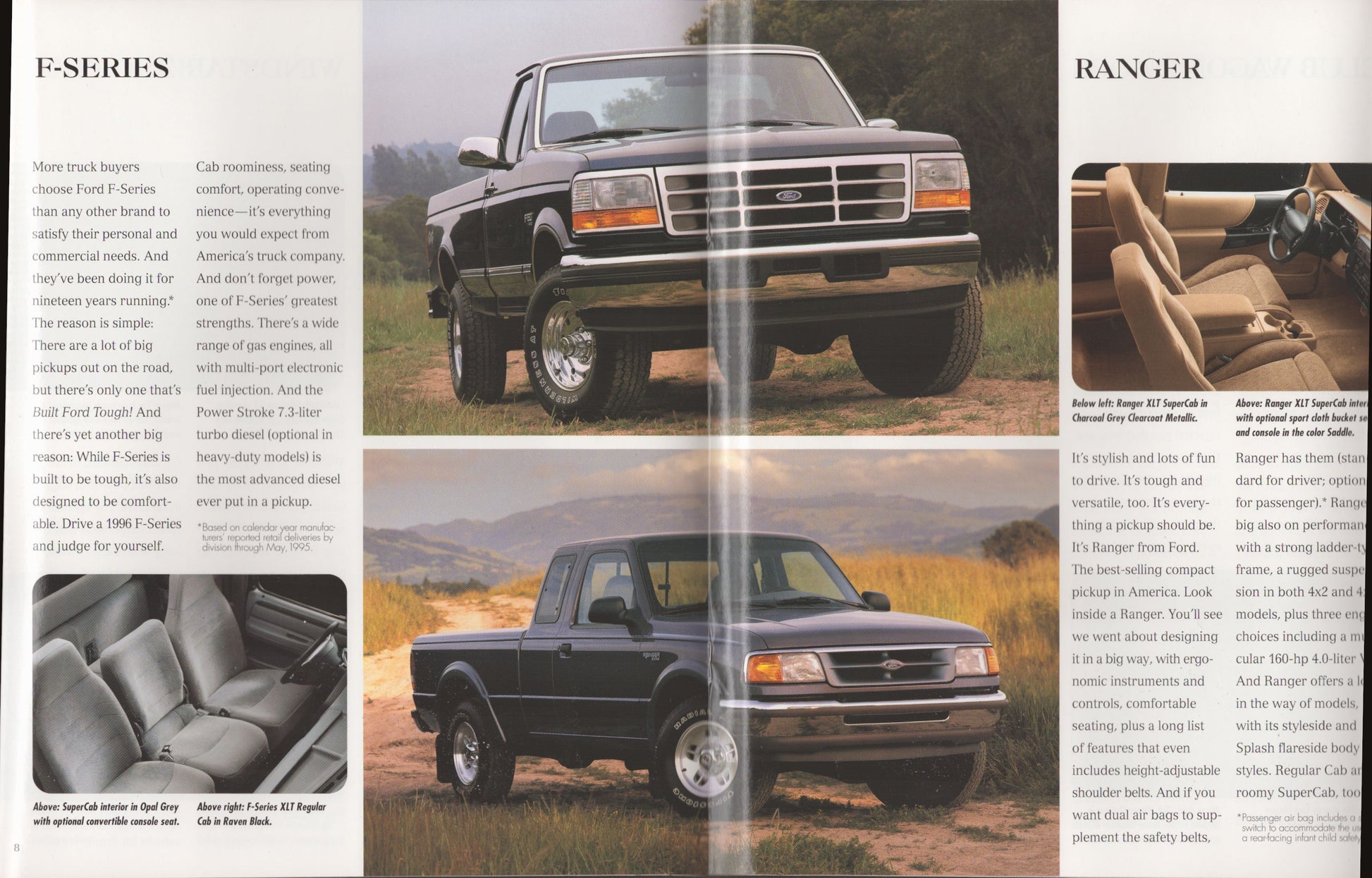 A vintage magazine-style brochure spread featuring a black Ford F-Series Ranger pickup truck in outdoor settings, with text columns, a side-view inset, and interior cabin details.