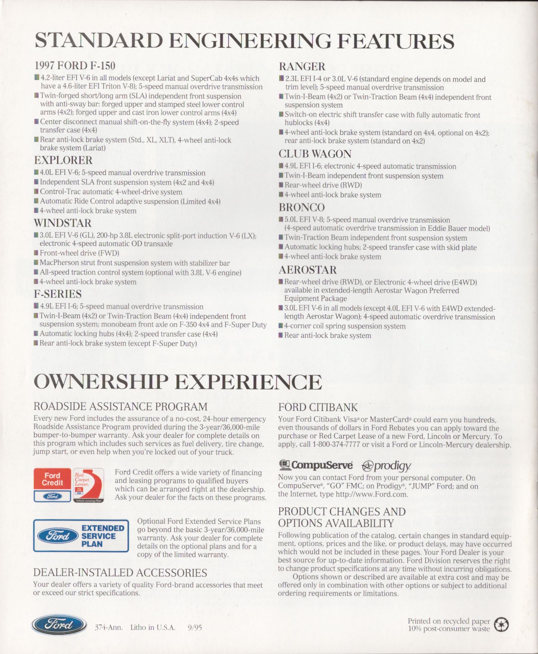A printed informational page for a 1997 Ford E-150, detailing standard engineering features, ownership experience, and contact information for Ford dealerships and service centers.