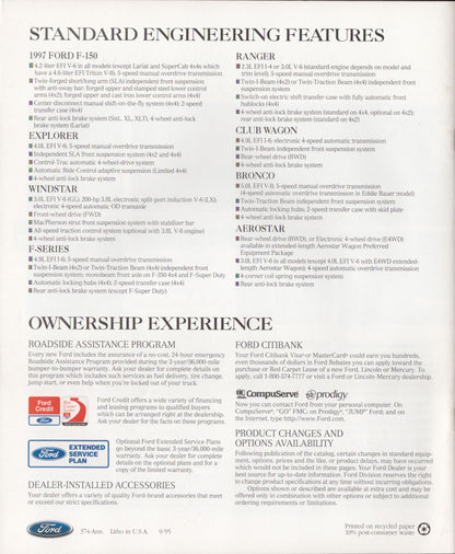 A printed informational page for a 1997 Ford E-150, detailing standard engineering features, ownership experience, and contact information for Ford dealerships and service centers.