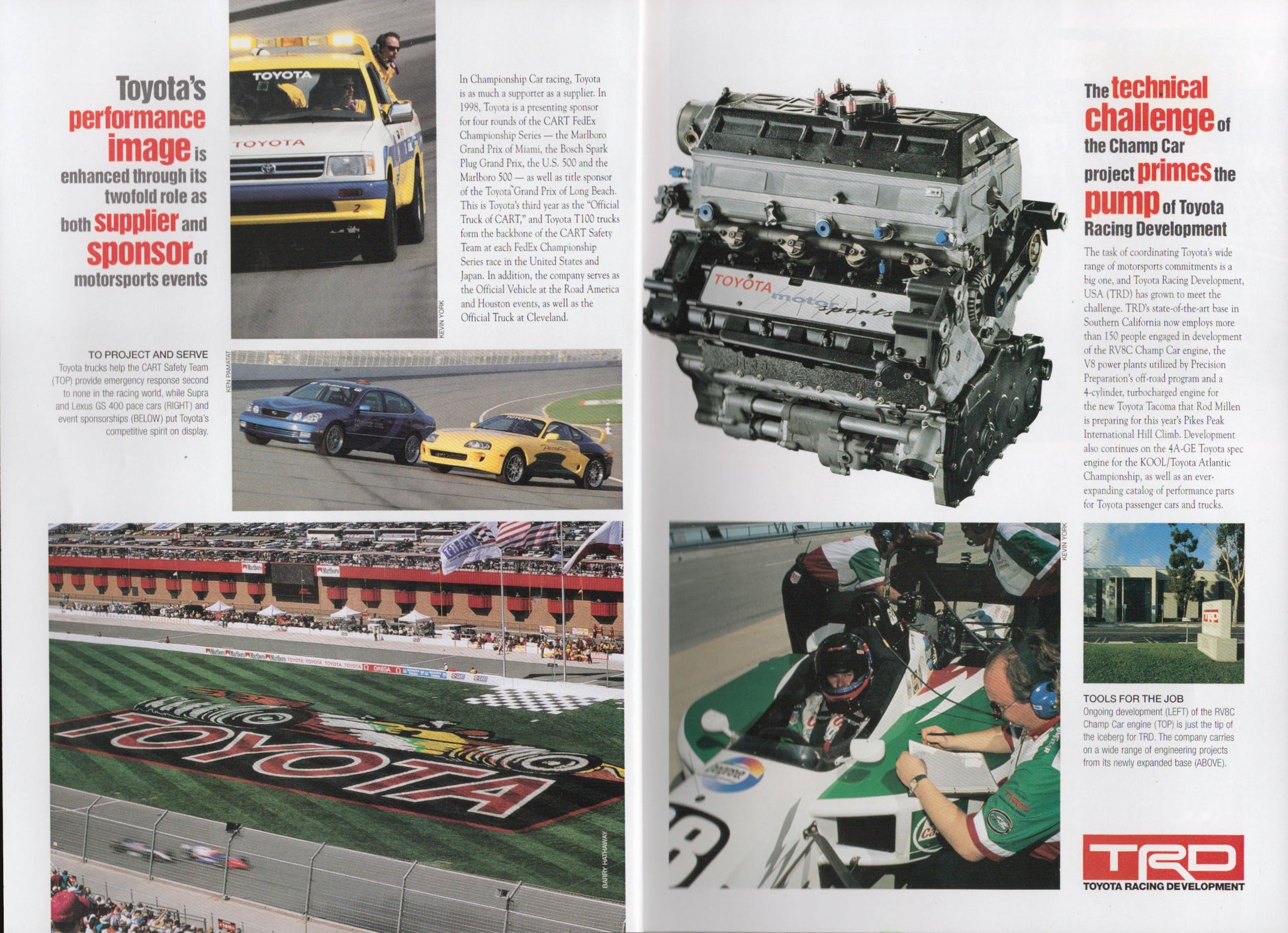 Magazine spread featuring Toyota racing activities and engine components.