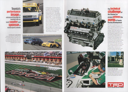 Magazine spread featuring Toyota racing activities and engine components.
