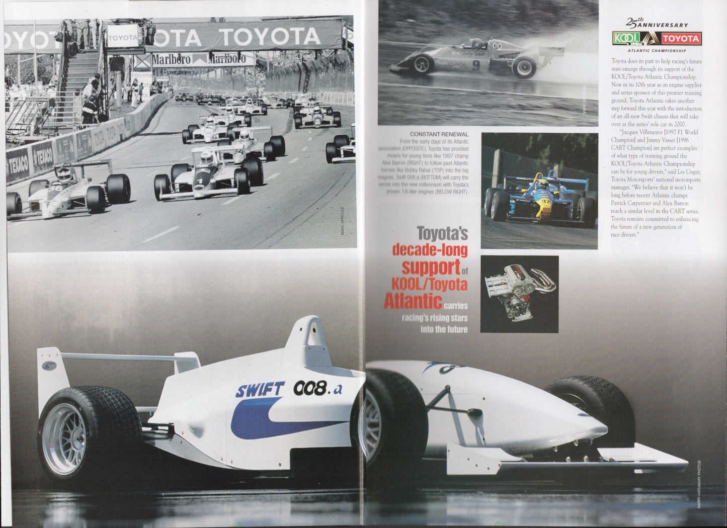 Magazine spread featuring racing cars and Toyota branding