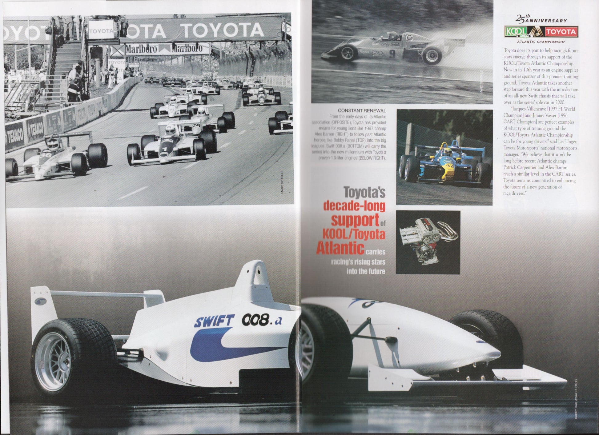 Magazine spread featuring racing cars and Toyota branding