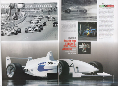 Magazine spread featuring racing cars and Toyota branding