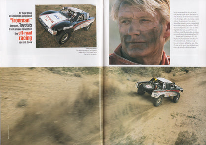 Magazine spread with a Toyota off-road racing car, a person with racing dirt on their face, and a desert race track.
