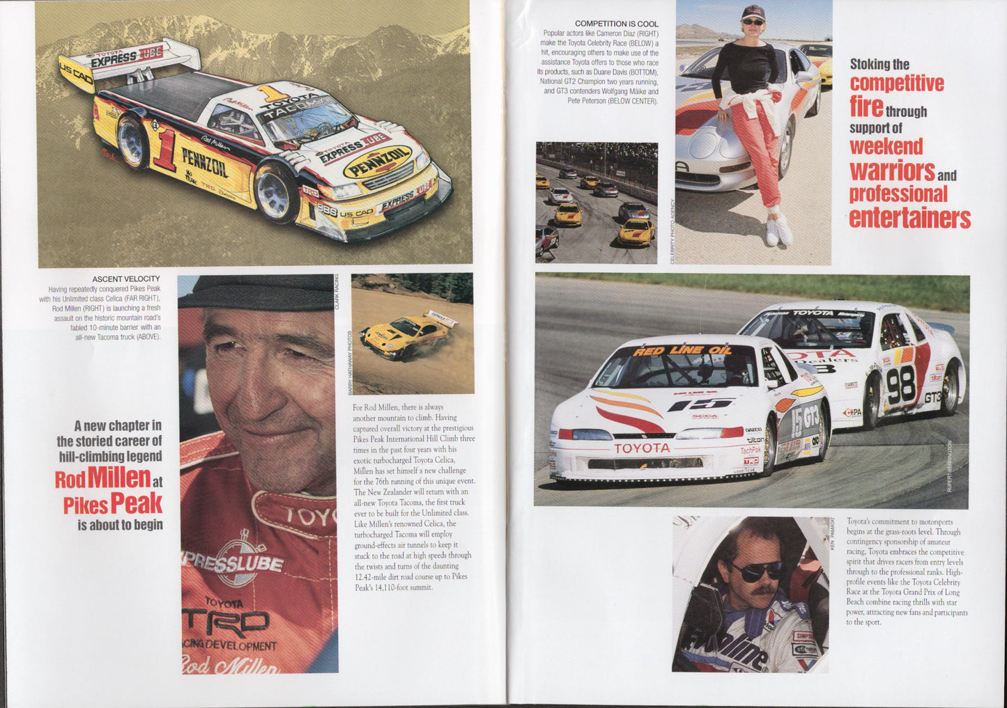 Magazine spread featuring racing cars and athletes on a track