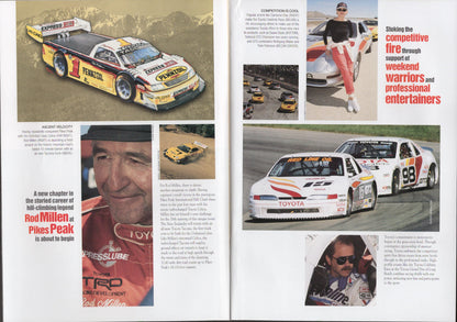 Magazine spread featuring racing cars and athletes on a track