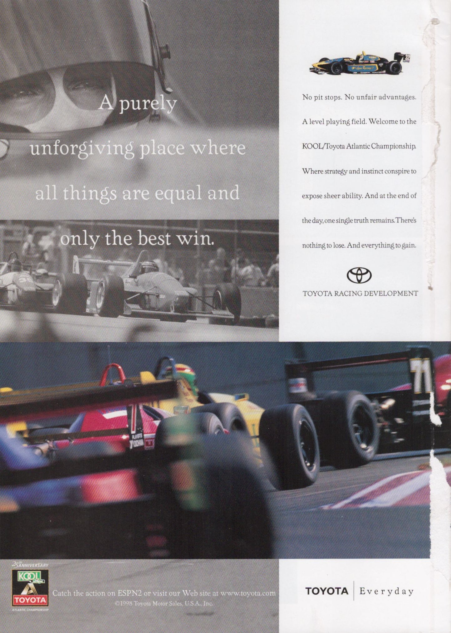 Toyota racing advertisement with race cars and text on a gray background