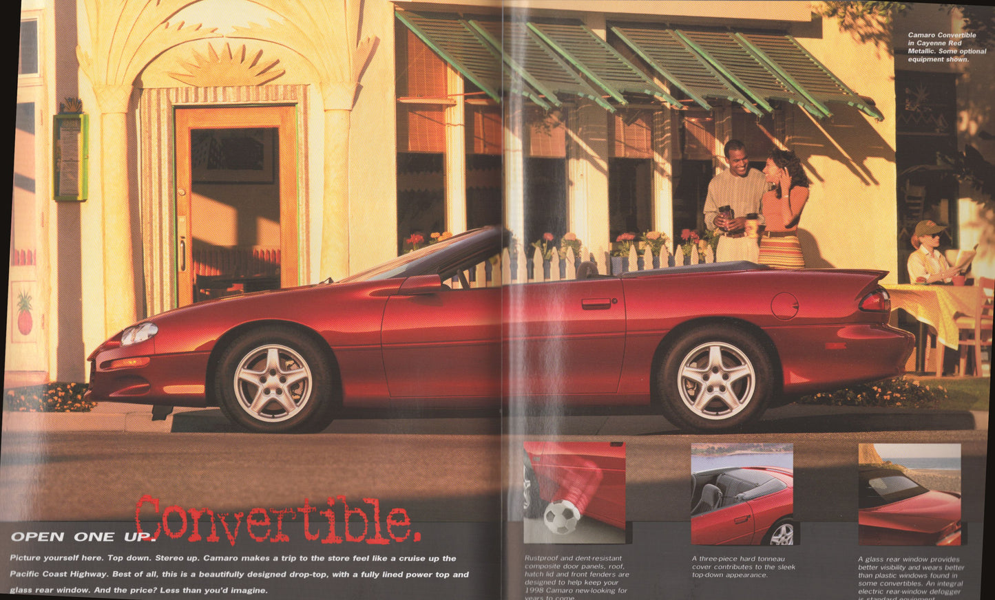 1998 Chevrolet Camaro original dealer sales brochure cover featuring red Camaro convertible