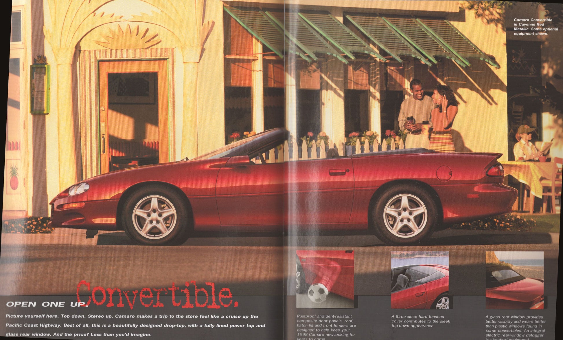 1998 Chevrolet Camaro original dealer sales brochure cover featuring red Camaro convertible