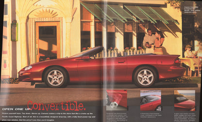 1998 Chevrolet Camaro original dealer sales brochure cover featuring red Camaro convertible
