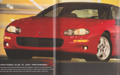 1998 Chevrolet Camaro original dealer sales brochure cover featuring red Camaro z28