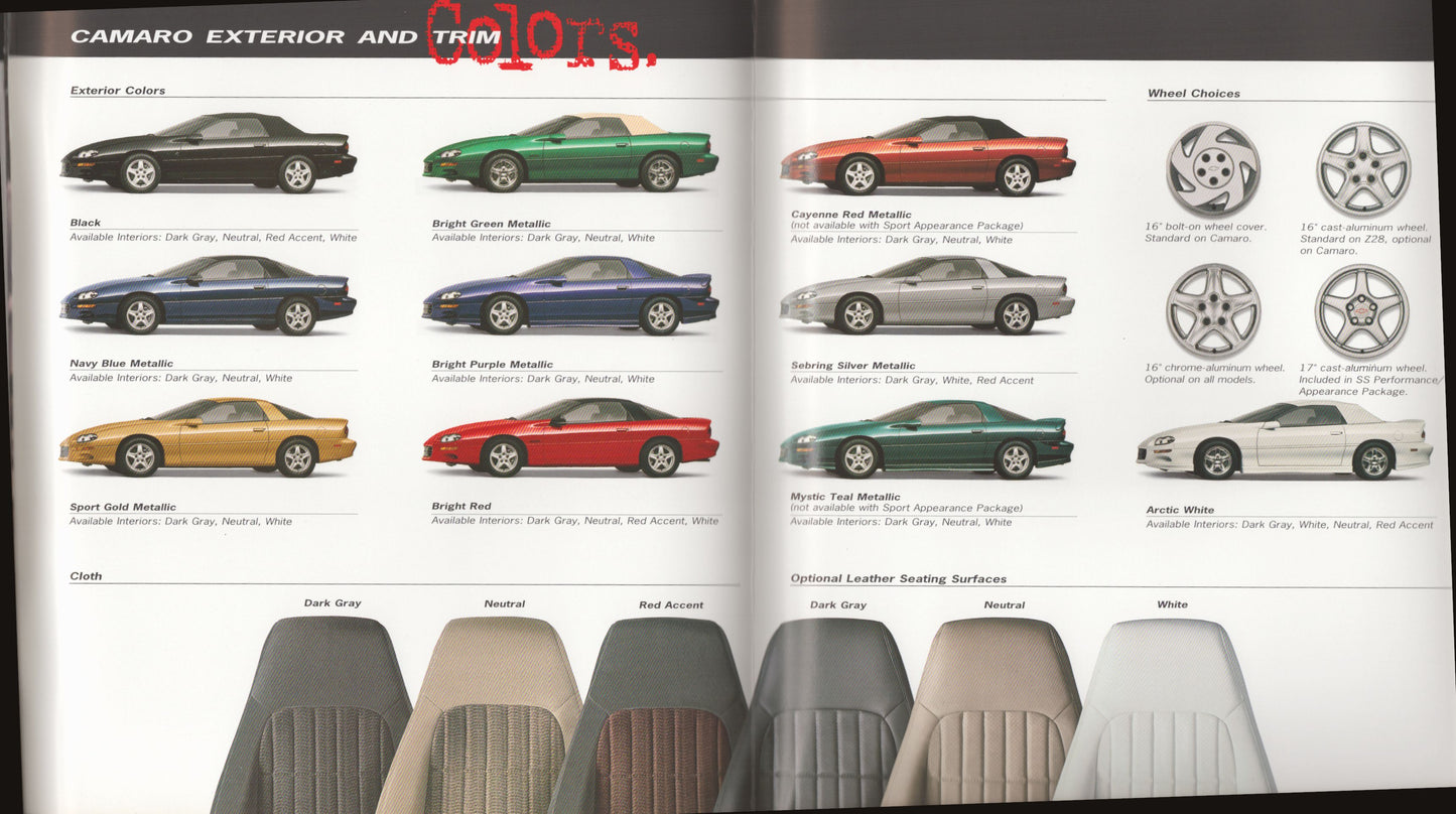 An open catalog or brochure spread showing 1998 Camaro exterior and trim color options, with multiple side-profile car photos, wheel design options, and leather seat surface color samples arranged along the bottom.