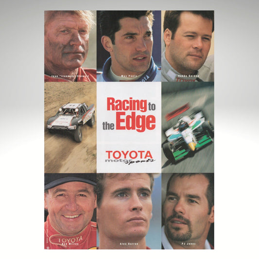 1998 Book cover of 'Racing to the Edge' featuring portraits of race car drivers and Toyota racing cars.