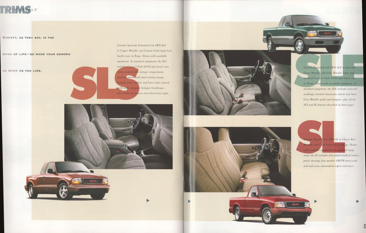 1998 GMC Sonoma pickup truck original dealer sales brochure trim level pages