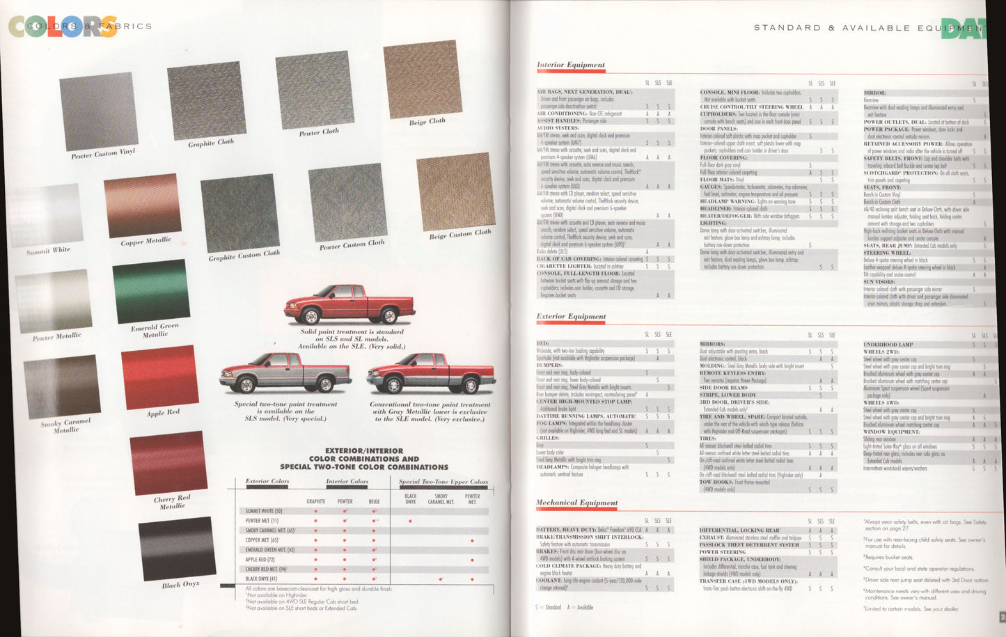 1998 GMC Sonoma pickup truck original dealer sales brochure color and equipment pages
