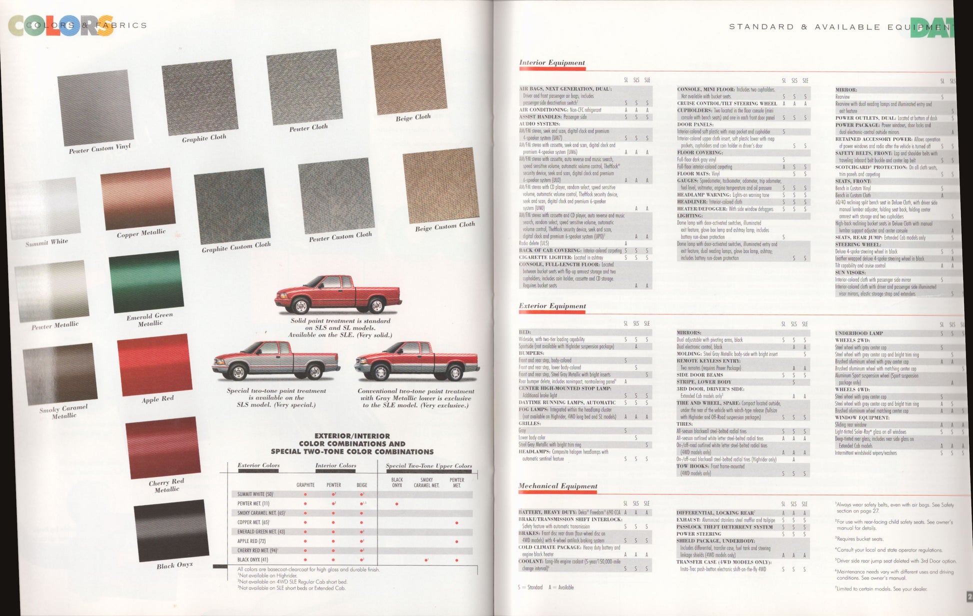 1998 GMC Sonoma pickup truck original dealer sales brochure color and equipment pages