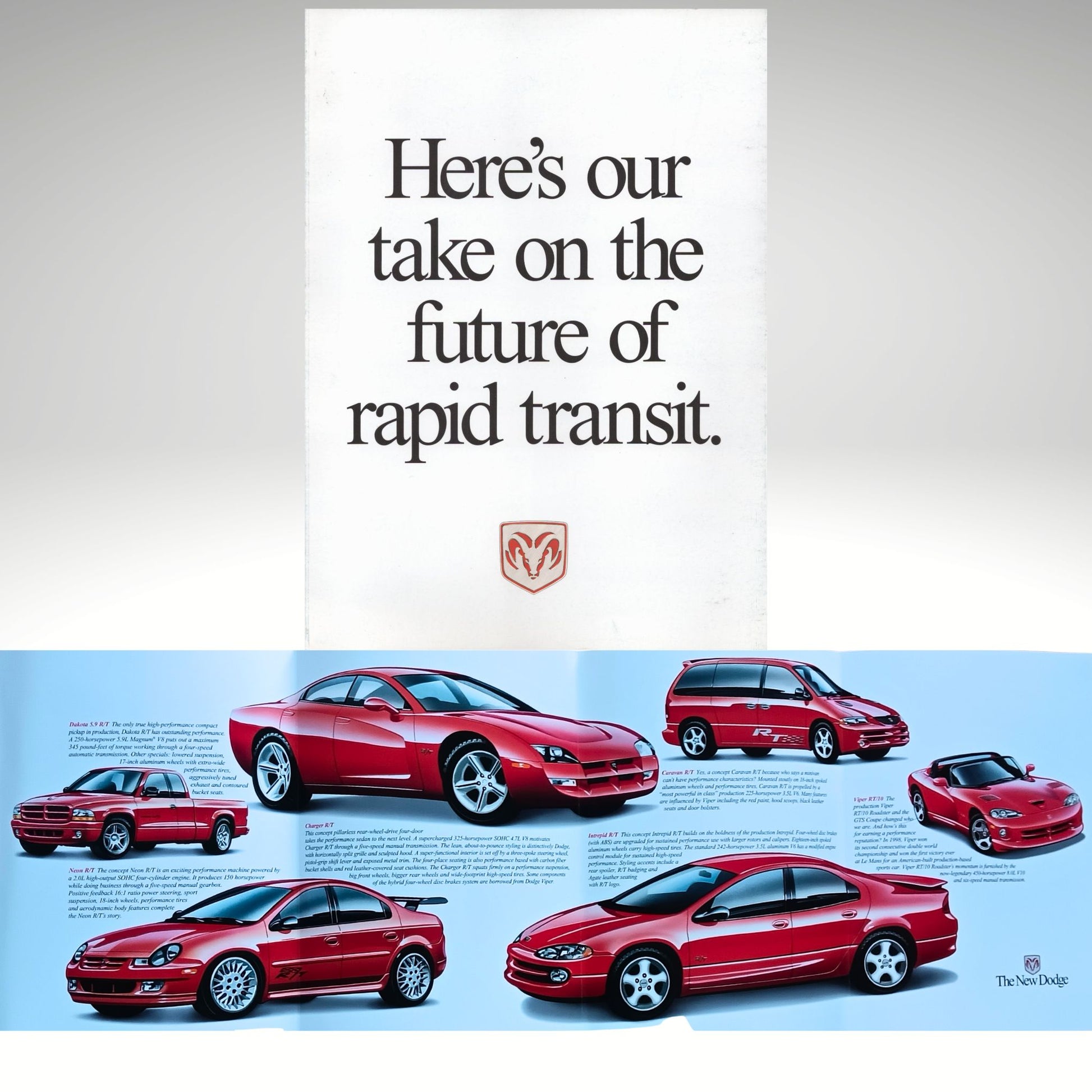 Advertisement brochure featuring 1999 Dodge R/T line up with text about the future of rapid transit, including a Dodge logo.