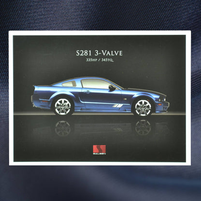 2006–2007 Saleen S281 3-Valve Mustang brochure cover featuring a blue Mustang with 335 HP and sleek styling