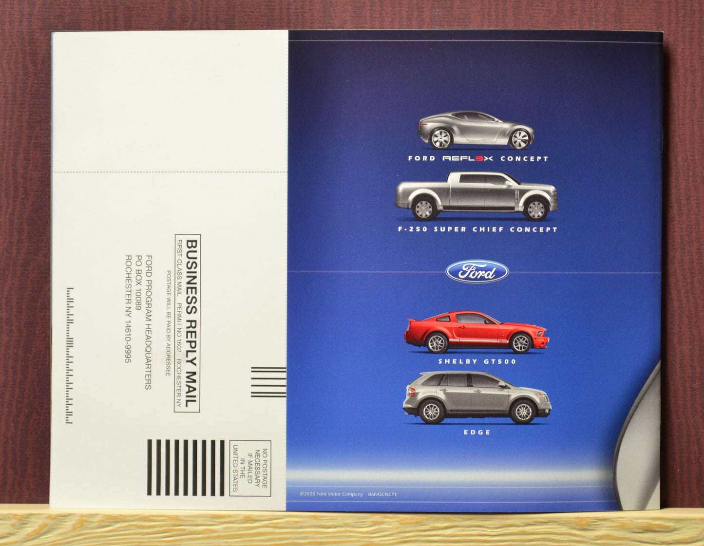 Back cover of the 2006 Ford concept brochure with a lineup of featured vehicles including Reflex, Super Chief, Shelby GT500, and Edge.