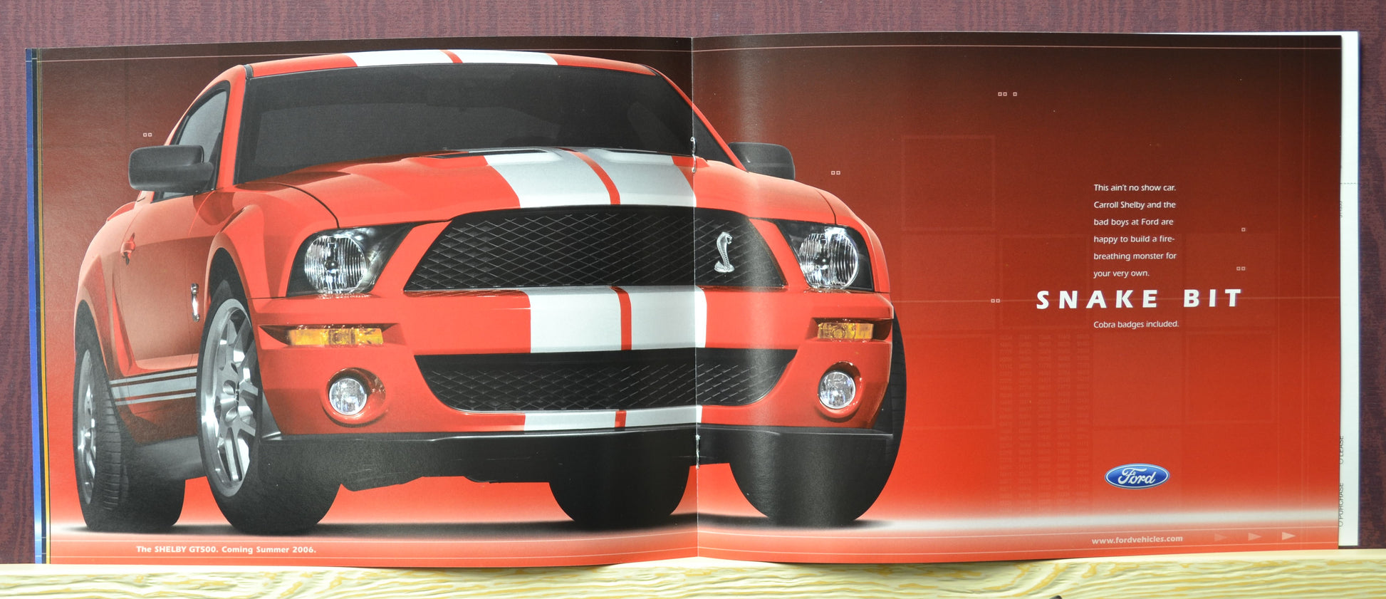 Interior spread featuring the high-performance Shelby GT500 Super Snake in vibrant red with white racing stripes