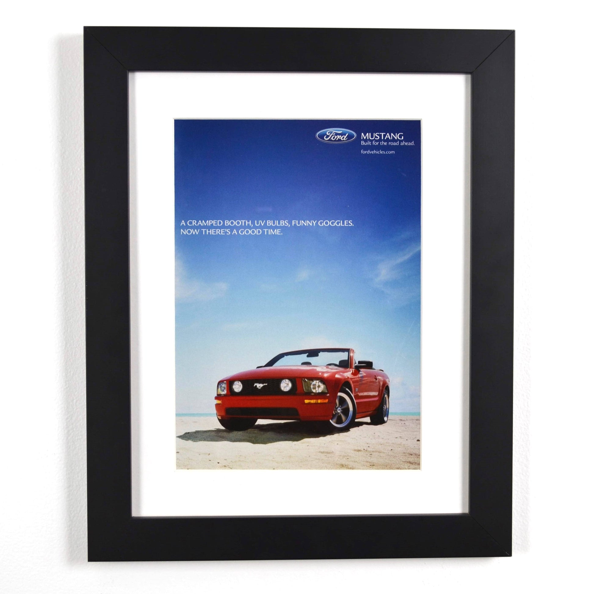 Framed red 2006 Ford Mustang convertible vintage print ad – classic car wall art, retro automotive decor