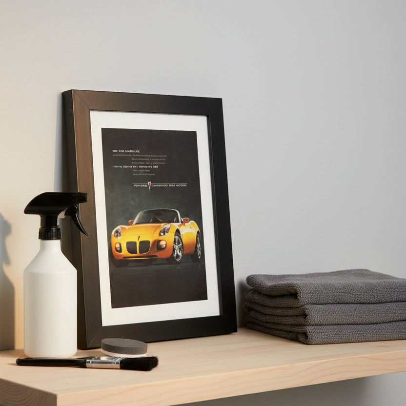 A framed vintage Pontiac advertisement print featuring a bright yellow sports car on a dark background, mounted with a white mat and a black frame against a light gray gradient background.